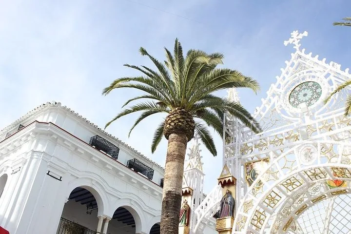 White building with an ornate facade and a palm tree